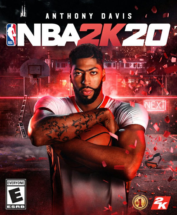 NBA 2K20 cover art featuring Anthony Davis hugging a basketball in front of his chest